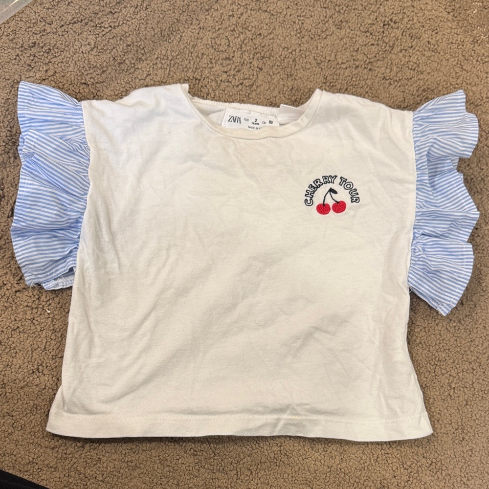 Zara White Tee with Red Cherry Embroidery and Blue Stripe Ruffle Sleeves